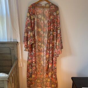 Altar'd State Pink Yellow and Gray/Green Long Chiffon Kimono